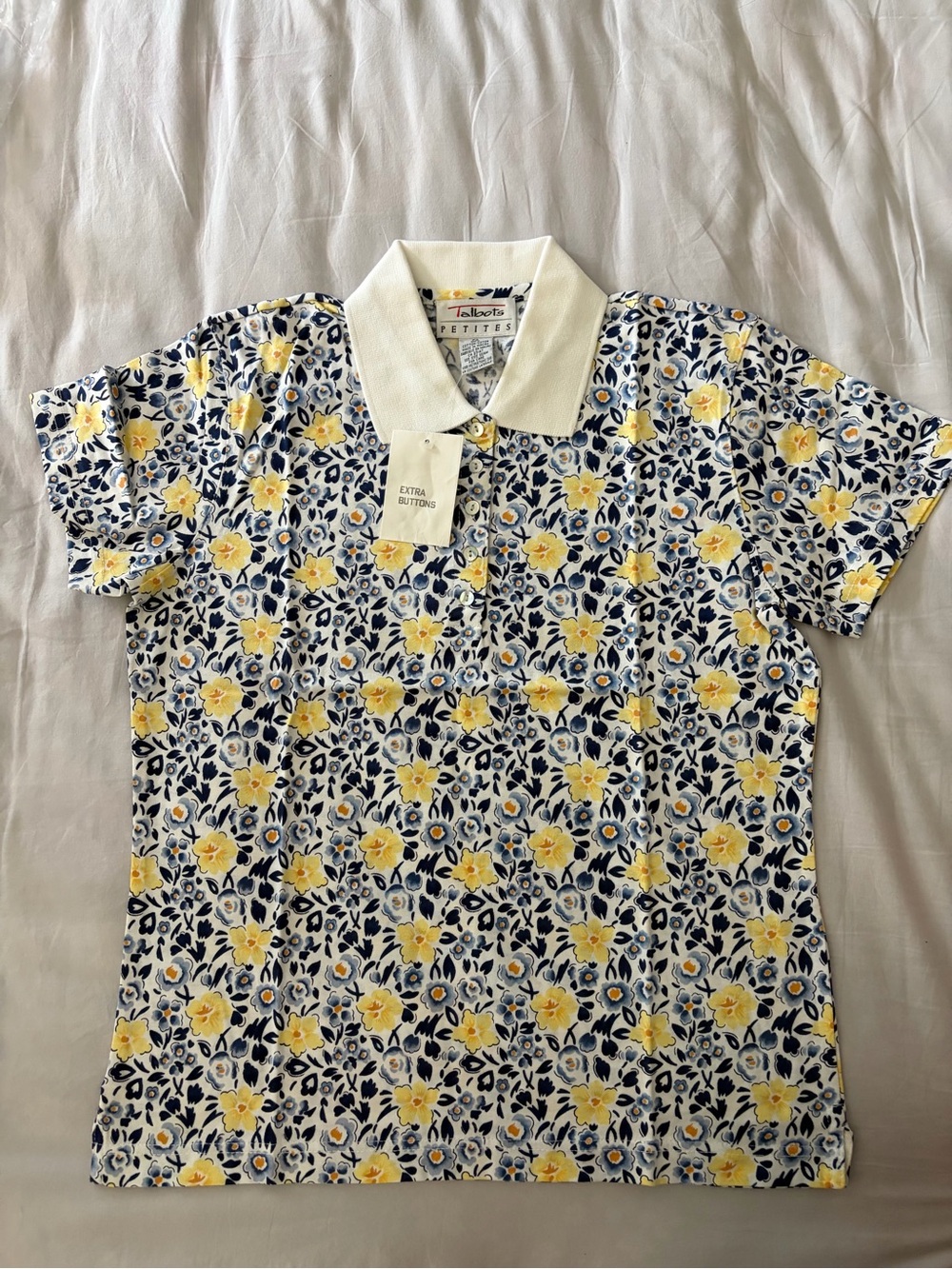 Vintage Talbots Men’s White Floral Polo Shirt with Yellow & Navy Accents
